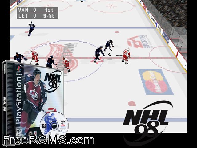 NHL 98 PSX game showing 3D box cover and gameplay screenshot