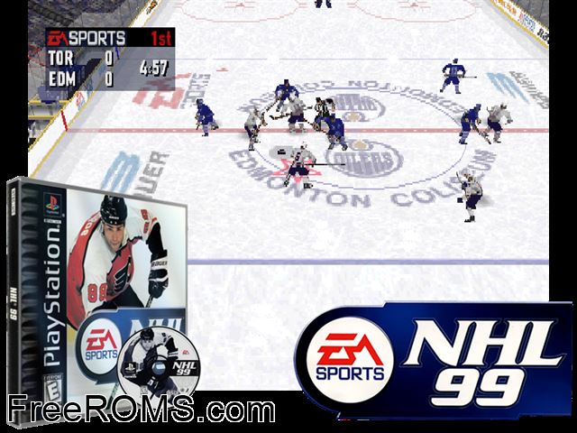 NHL 99 PSX game showing 3D box cover and gameplay screenshot