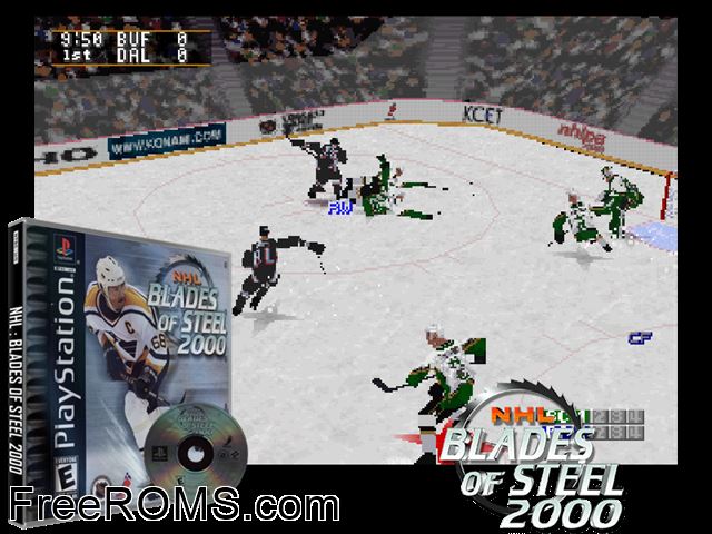 NHL Blades of Steel 2000 PSX game showing 3D box cover and gameplay screenshot