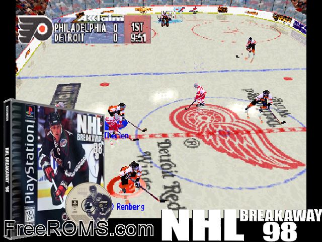 NHL Breakaway '98 PSX game showing 3D box cover and gameplay screenshot
