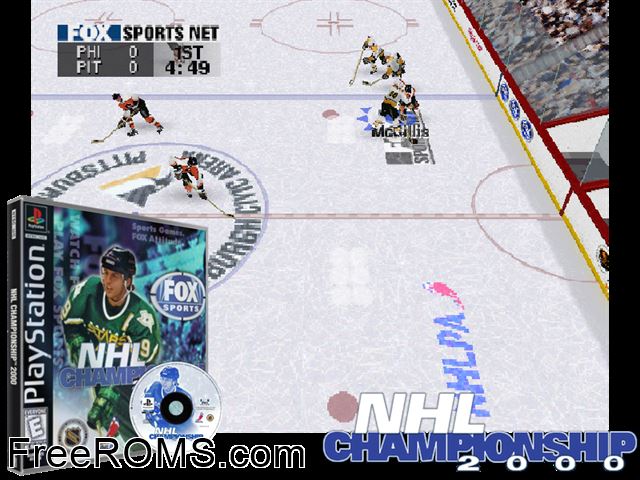 NHL Championship 2000 PSX game showing 3D box cover and gameplay screenshot