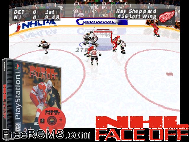 NHL Face Off PSX game showing 3D box cover and gameplay screenshot