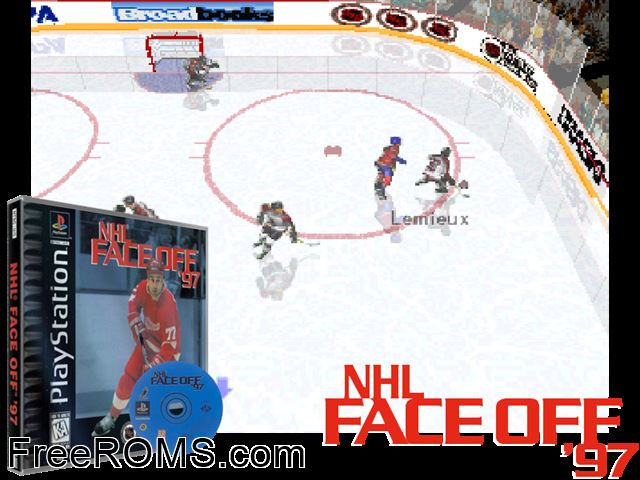 NHL Face Off 97 PSX game showing 3D box cover and gameplay screenshot