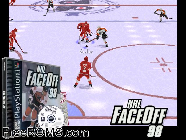NHL Face Off 98 PSX game showing 3D box cover and gameplay screenshot