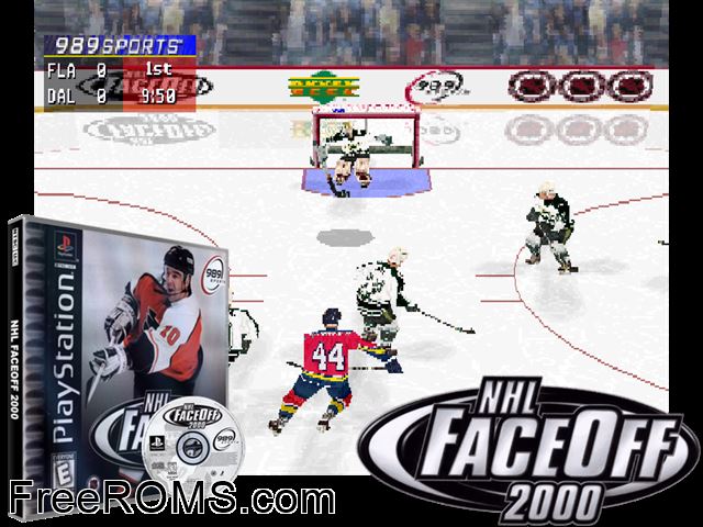 NHL Faceoff 2000 PSX game showing 3D box cover and gameplay screenshot