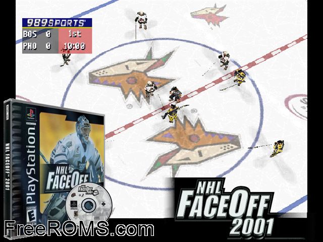 NHL Faceoff 2001 PSX game showing 3D box cover and gameplay screenshot