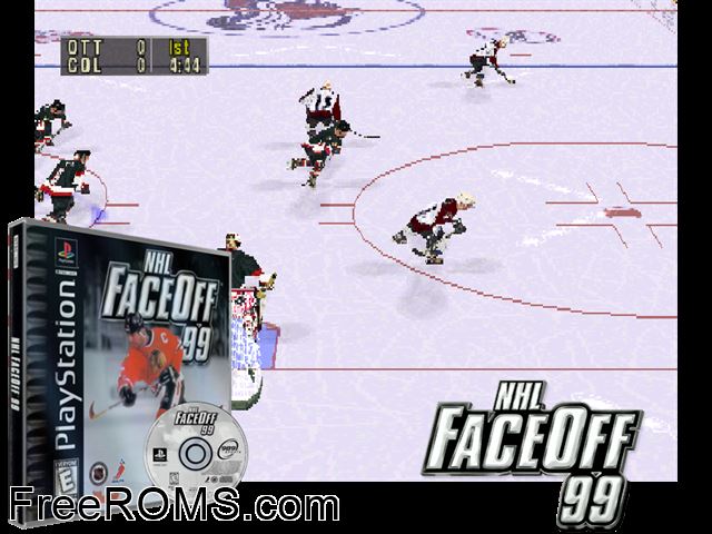 NHL Faceoff '99 PSX game showing 3D box cover and gameplay screenshot