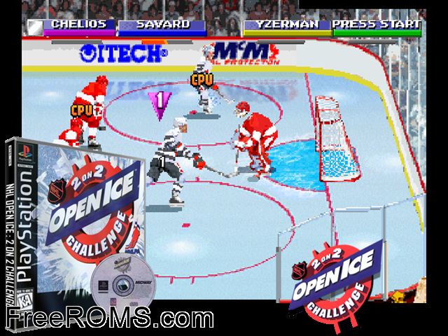 NHL Open Ice PSX game showing 3D box cover and gameplay screenshot