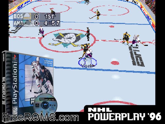NHL Powerplay 96 PSX game showing 3D box cover and gameplay screenshot