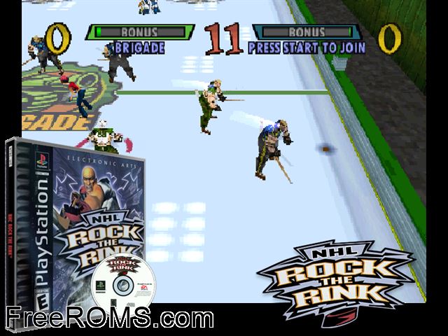 NHL Rock The Rink PSX game showing 3D box cover and gameplay screenshot