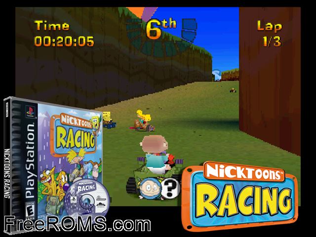 Nicktoons Racing PSX game showing 3D box cover and gameplay screenshot
