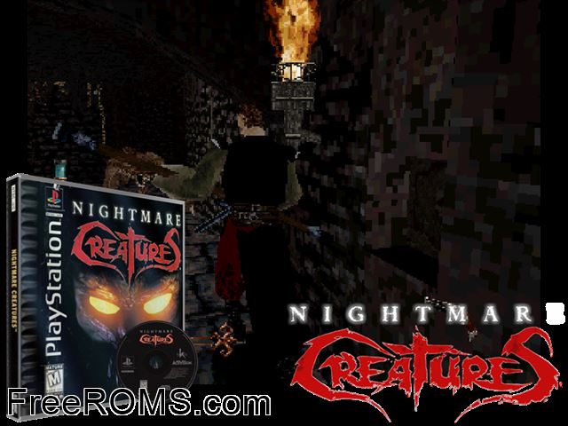 Nightmare Creatures PSX game showing 3D box cover and gameplay screenshot