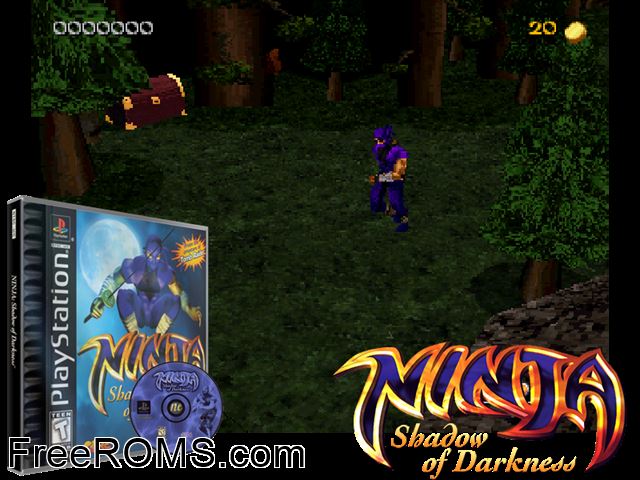 Ninja - Shadow Of Darkness PSX game showing 3D box cover and gameplay screenshot