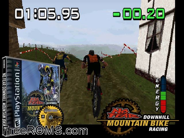 No Fear Downhill Mountain Bike Racing PSX game showing 3D box cover and gameplay screenshot