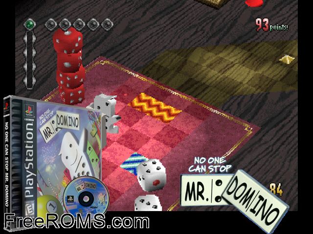 No One Can Stop Mr. Domino PSX game showing 3D box cover and gameplay screenshot