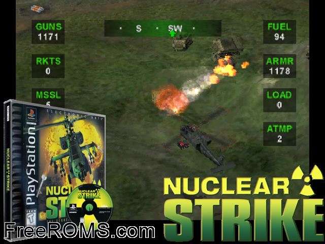 Nuclear Strike PSX game showing 3D box cover and gameplay screenshot