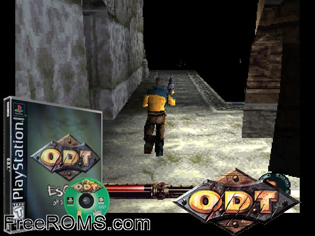 O.D.T. - Escape...or Die Trying PSX game showing 3D box cover and gameplay screenshot