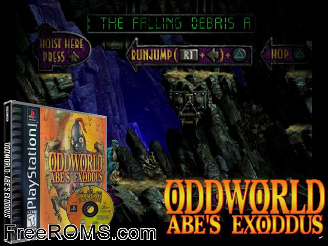 Oddworld - Abes Exoddus (Disc 1) PSX game showing 3D box cover and gameplay screenshot