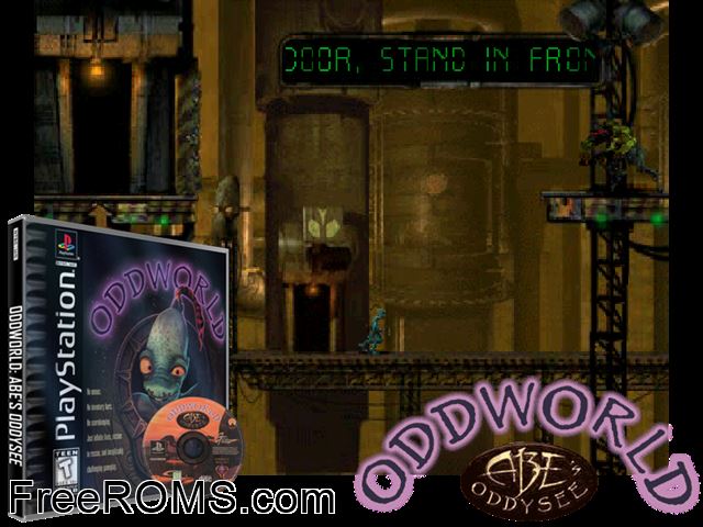 Oddworld - Abes Oddysee (v1.0) PSX game showing 3D box cover and gameplay screenshot