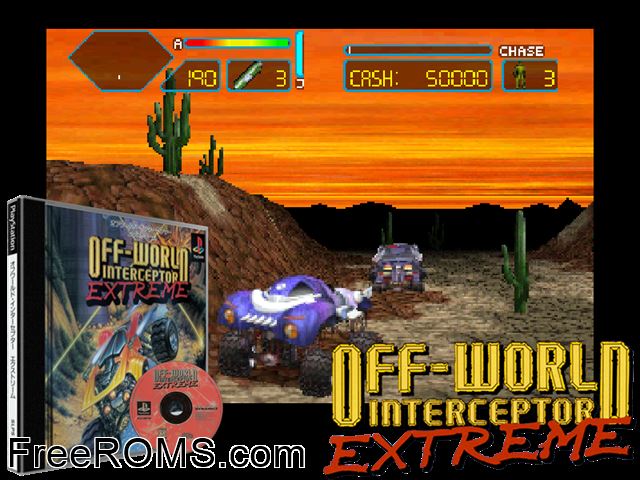 Off-World Interceptor Extreme PSX game showing 3D box cover and gameplay screenshot