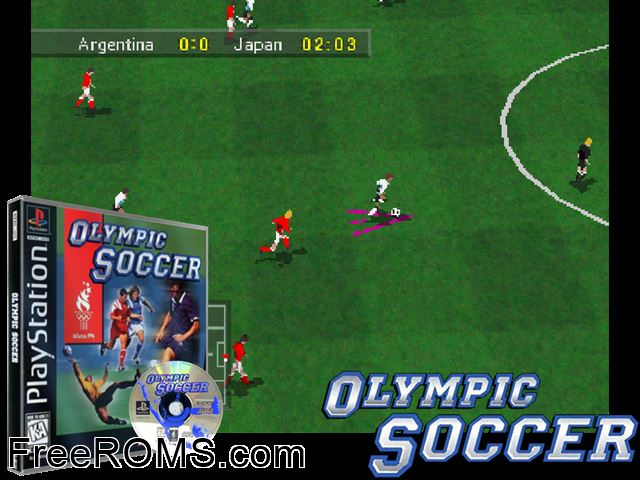 Olympic Soccer PSX game showing 3D box cover and gameplay screenshot
