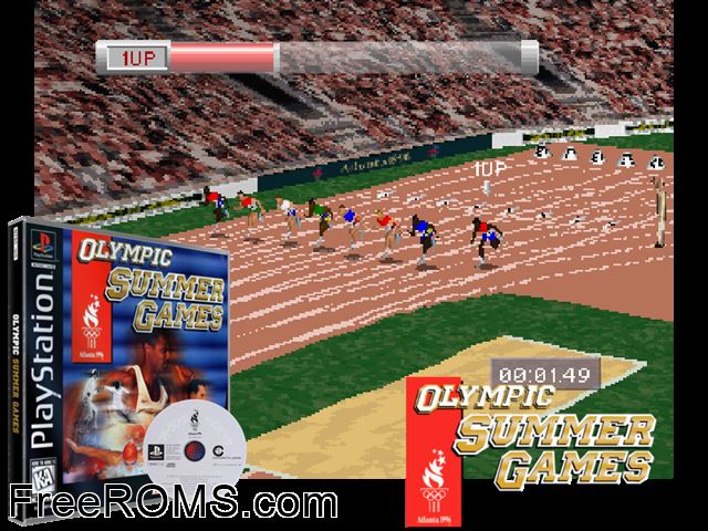 Olympic Summer Games PSX game showing 3D box cover and gameplay screenshot