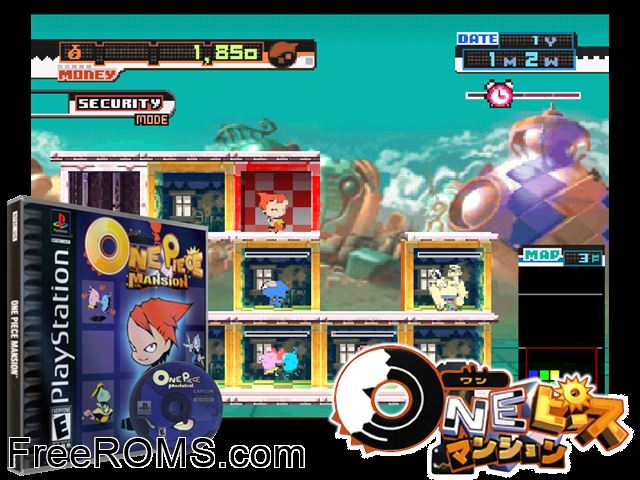 One Piece Mansion PSX game showing 3D box cover and gameplay screenshot