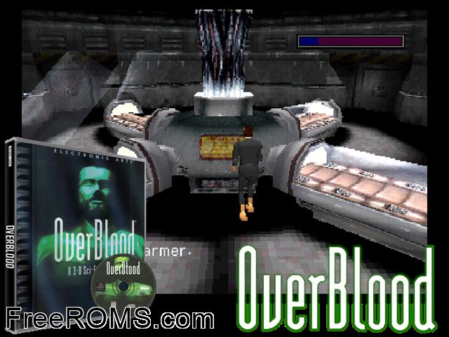 Overblood PSX game showing 3D box cover and gameplay screenshot