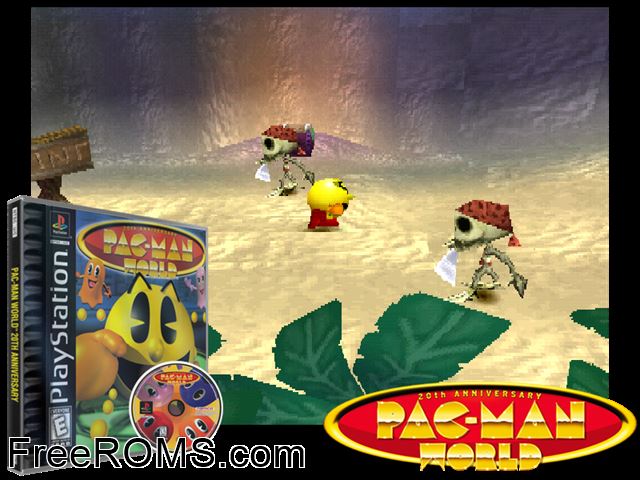 Pac-Man World 20th Anniversary PSX game showing 3D box cover and gameplay screenshot