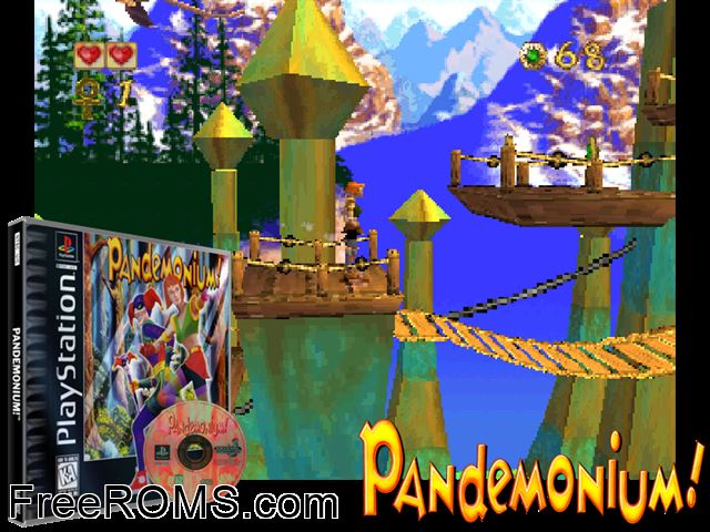 Pandemonium! (v1.0) PSX game showing 3D box cover and gameplay screenshot