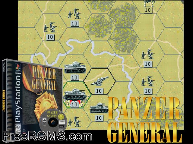 Panzer General PSX game showing 3D box cover and gameplay screenshot