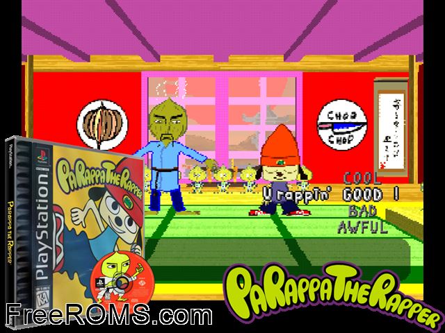 PaRappa The Rapper PSX game showing 3D box cover and gameplay screenshot