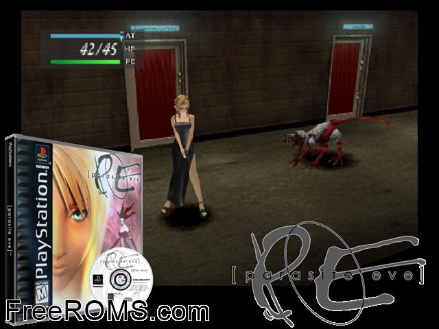 Parasite Eve (Disc 1) PSX game showing 3D box cover and gameplay screenshot