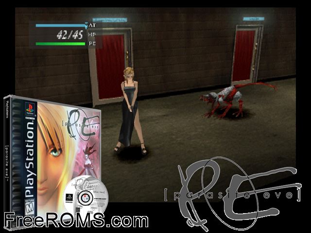 Parasite Eve (Disc 2) PSX game showing 3D box cover and gameplay screenshot