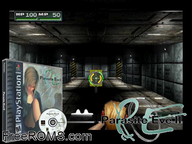 Parasite Eve II (Disc 1) PSX game showing 3D box cover and gameplay screenshot
