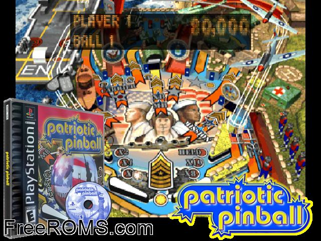 Patriotic Pinball PSX game showing 3D box cover and gameplay screenshot