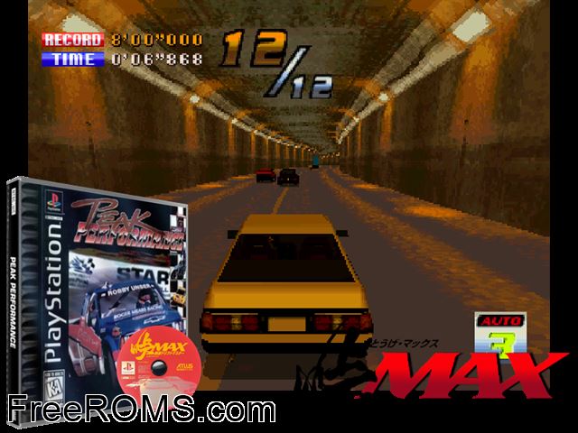 Peak Performance PSX game showing 3D box cover and gameplay screenshot