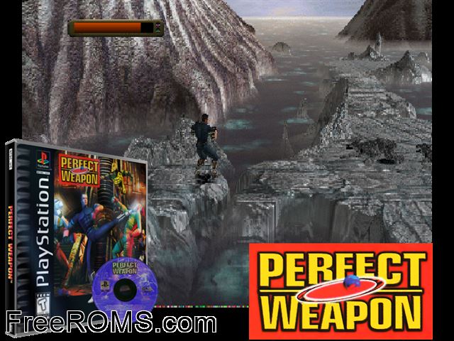 Perfect Weapon PSX game showing 3D box cover and gameplay screenshot