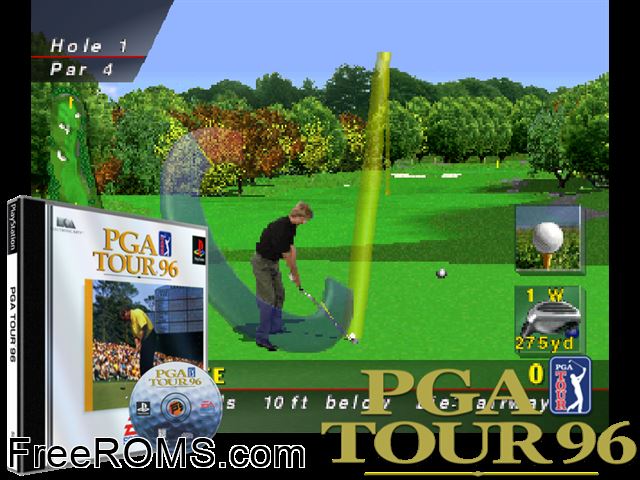 PGA Tour 96 PSX game showing 3D box cover and gameplay screenshot