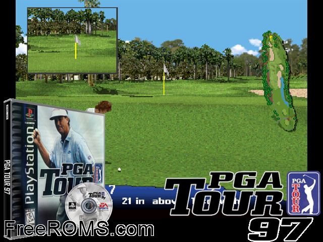 PGA Tour 97 PSX game showing 3D box cover and gameplay screenshot