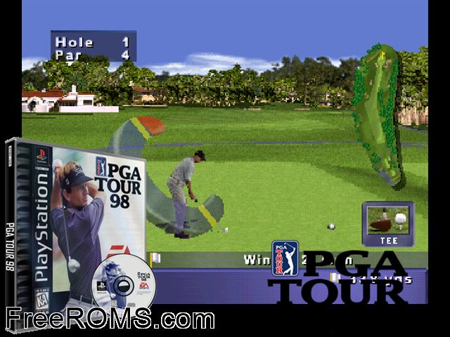 PGA Tour 98 PSX game showing 3D box cover and gameplay screenshot