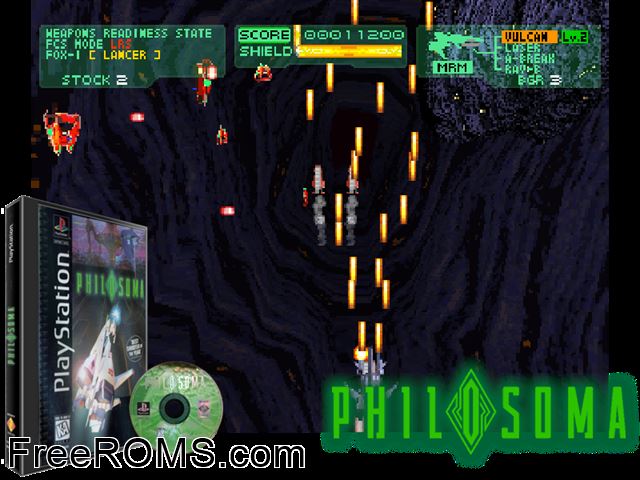 Philosoma PSX game showing 3D box cover and gameplay screenshot
