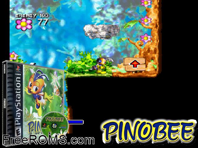Pinobee PSX game showing 3D box cover and gameplay screenshot