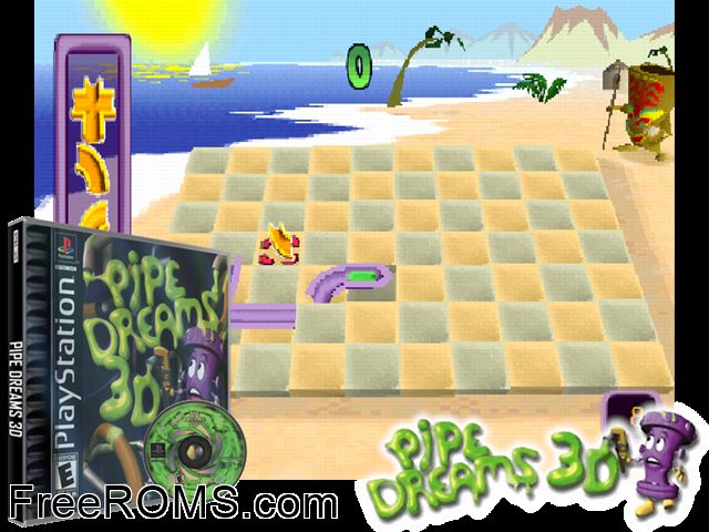 Pipe Dreams 3D PSX game showing 3D box cover and gameplay screenshot