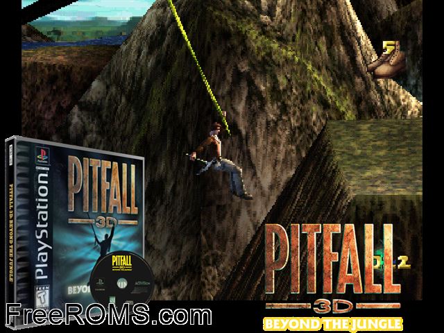 Pitfall 3D - Beyond The Jungle PSX game showing 3D box cover and gameplay screenshot