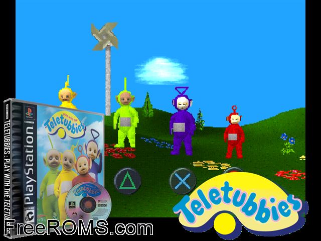 Play With The Teletubbies PSX game showing 3D box cover and gameplay screenshot
