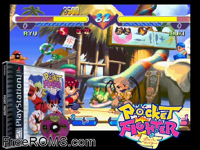 Pocket Fighter PSX game showing 3D box cover and gameplay screenshot