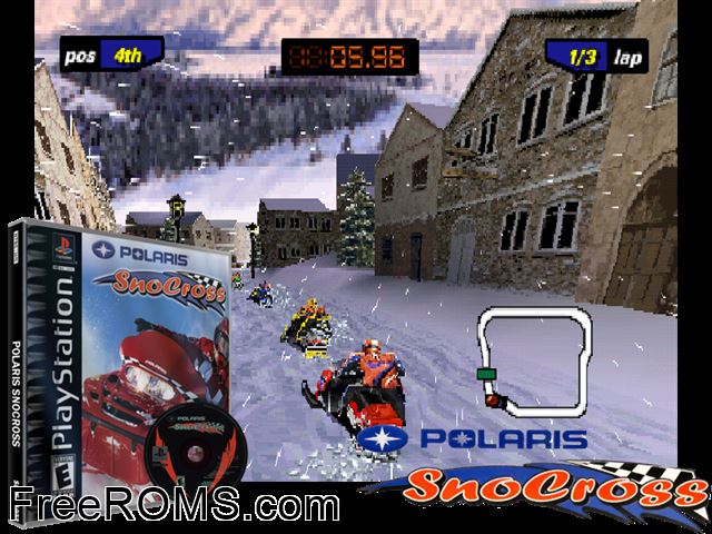 Polaris SnoCross PSX game showing 3D box cover and gameplay screenshot