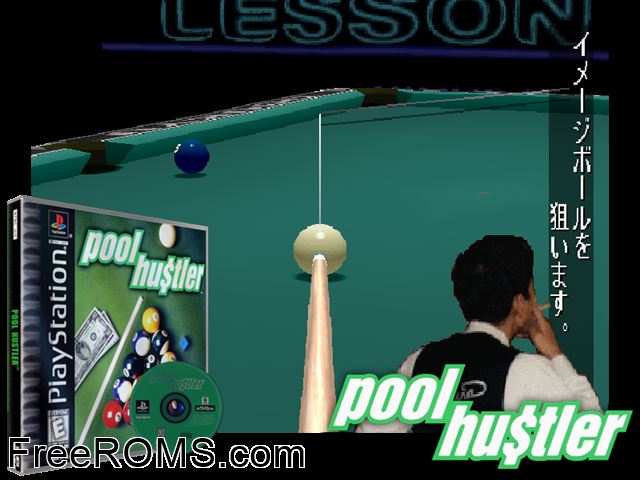 Pool Hustler PSX game showing 3D box cover and gameplay screenshot