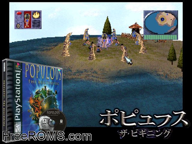 Populous - The Beginning PSX game showing 3D box cover and gameplay screenshot